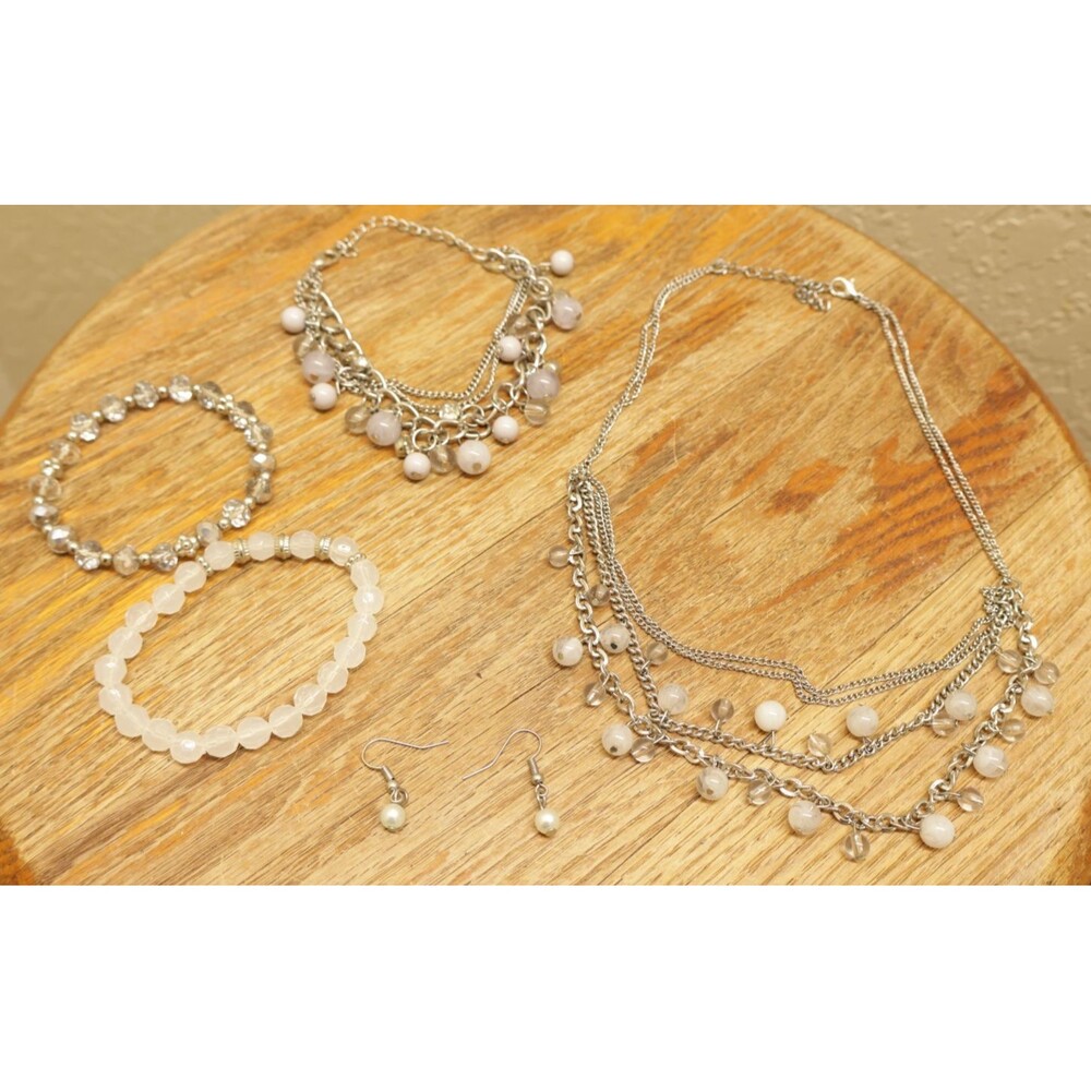 Silver Tone Jewelry Lot 5 Pc Layered Bead Chain Necklace Stretch Bracelets Pearl